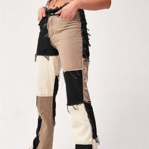 Black, Tan and white Patchwork Jeans
